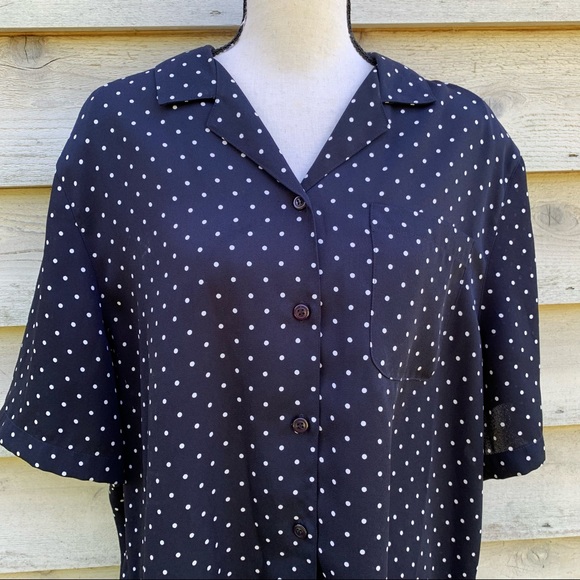 Vintage 90s Black Polka Dot Print Button Down Short Sleeve Collared Popover Top - Picture 9 of 16